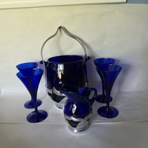 Lot Vintage Farber Bros Cobalt Blue Glass Ice Bucket, Creamer Art Deco 4 Glasses